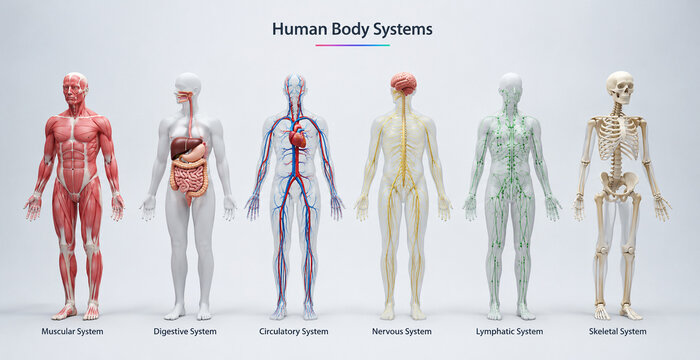 AI generated educational anatomy chart displaying major human body systems including skeletal muscular nervous circulatory lymphatic digestive systems for medical education