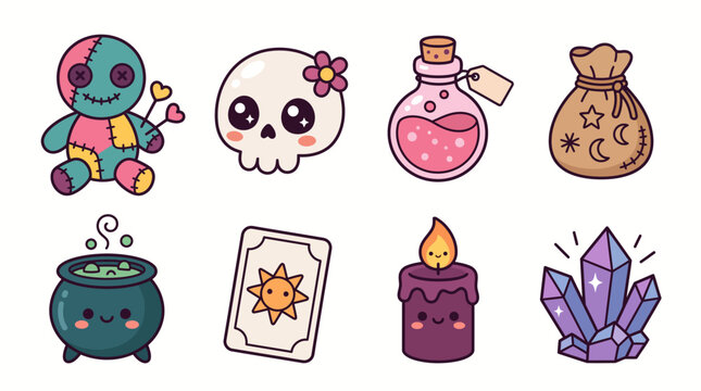 Kawaii voodoo and witchcraft collection with voodoo doll, cute skull, potion bottle, magic pouch, cauldron, tarot, candle and crystals