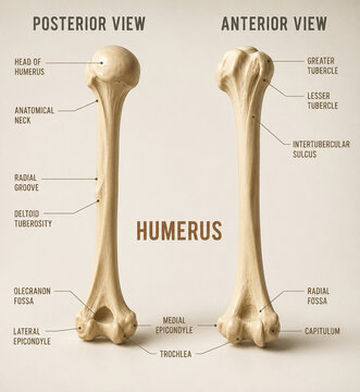 AI generated human humerus bone anatomy diagram showing anterior posterior views detailed anatomical labels for medical education study.