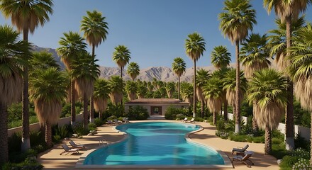 Fototapeta premium Elegant pool area with rows of palm trees