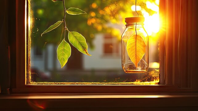 Sunlight streams through a window illuminating hanging leaves and a jar containing a single dried leaf
