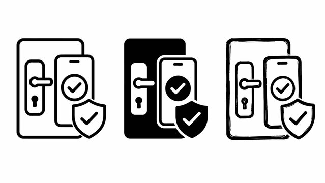 Smart lock security icons: smartphone, shield, checkmark illustrations in black and white