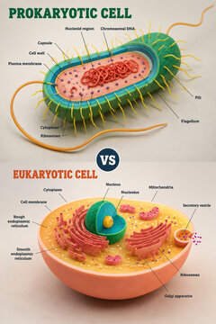 AI generated educational comparison of prokaryotic eukaryotic cells labeled organelles colorful biology infographic for science learning