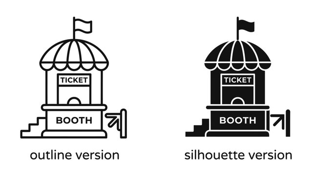 Ticket Booth Icon: A dual representation of a ticket booth, offered in both outline and silhouette versions, ready for use in event promotion or information graphics.