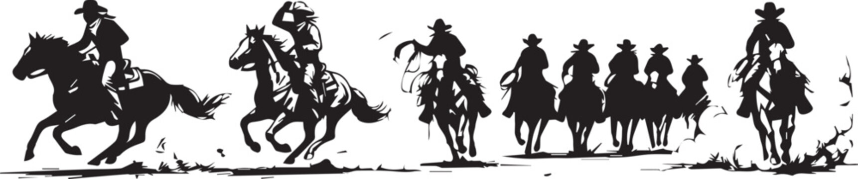 Black and white silhouette of a group of cowboys riding horses, galloping across a dusty landscape in a line