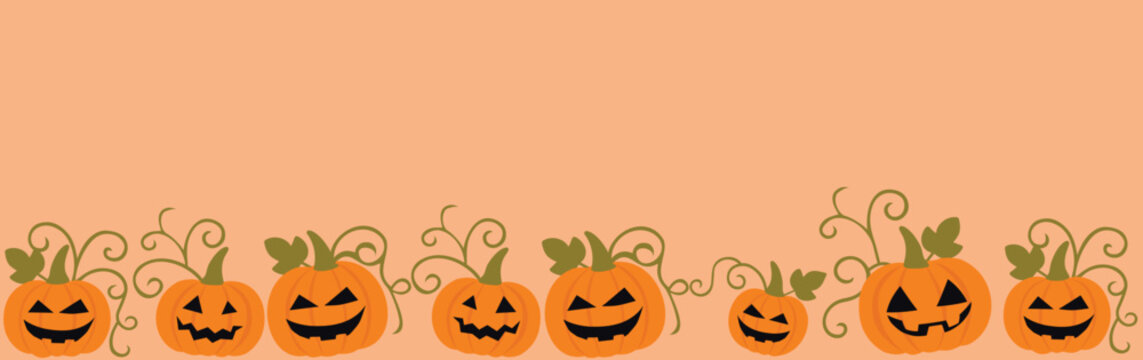 Cute Halloween Pumpkin Border Banner with Jack O Lanterns on Peach Autumn Background