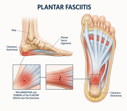 AI generated plantar fasciitis anatomy diagram showing inflamed plantar fascia heel pain labeled foot structures for medical education orthopedic healthcare reference