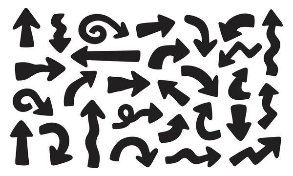 Hand drawn arrow icon set. Black doodle isolated on white background. Silhouette for navigation, infographic, annotation, interface, design, pointer and sketch projects