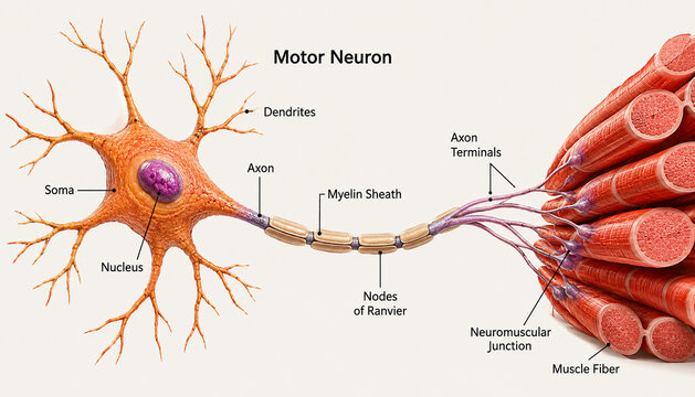 AI generated detailed motor neuron anatomy diagram showing axon myelin sheath neuromuscular junction muscle fibers for medical education neuroscience healthcare