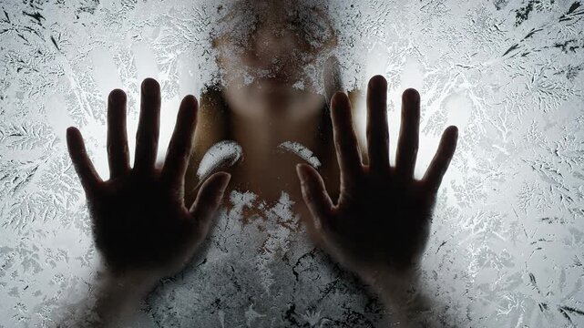 Abstract winter person hand touch frozen ice cold texture surreal isolation longing yearning desperation frosted glass struggle hopeful glimmer emotional scene reaching out pressed against surface