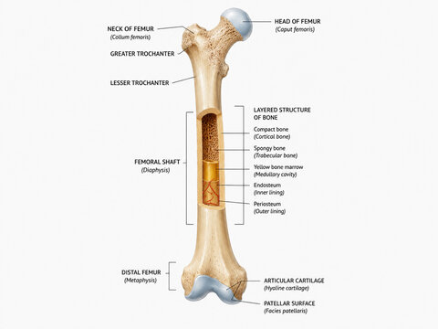 AI generated detailed human femur bone anatomy diagram showing inner structure marrow cartilage labeled parts for medical education science study