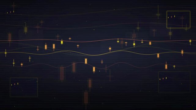 Abstract Digital Financial Chart with Golden Candlestick Graphs and Glowing Data Lines on Dark Background