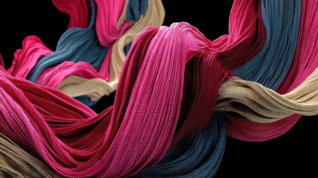 Dynamic Flow of Textured Ribbons in Vibrant Colors on Black Background