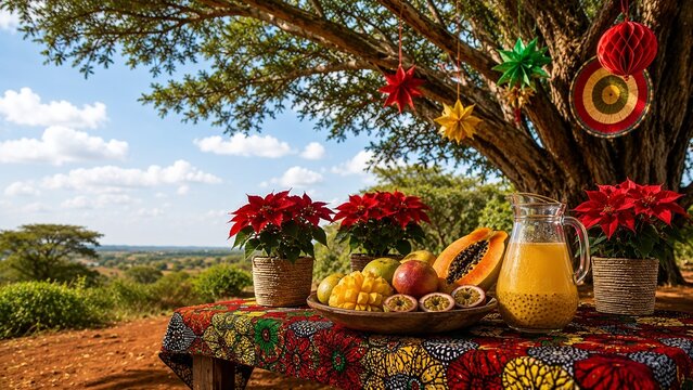 "East African Outdoor Christmas Table Acacia Tree Tropical Fruits Poinsettia Kitenge &mdash; African Cultural Festive Authentic Lifestyle Environment 