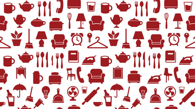 Seamless pattern of red household objects and home appliance icons. Flat vector illustration EPS 10.