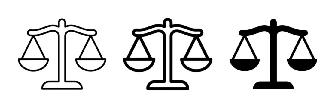 Justice scale icons set, law balance symbols in line and solid style, legal system vector graphics