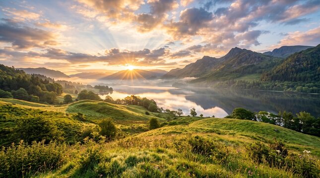 A breathtaking golden sunrise over rolling green hills, majestic mountains, and a crystal-clear lake with soft morning mist, warm golden hour sunlight illuminating dew-covered grass, dramatic sun rays