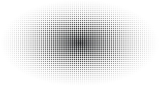 Black halftone dot pattern with radial gradient fading from dense center to sparse edges on a white background, for textures