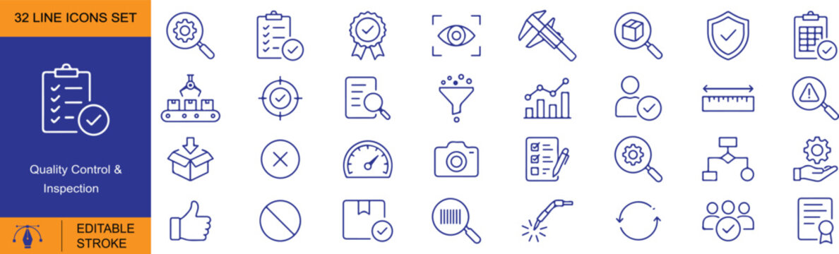 Quality Control Vector Outline Icons Set &ndash; Inspection, Quality Assurance and Manufacturing QC Line Symbols Collection