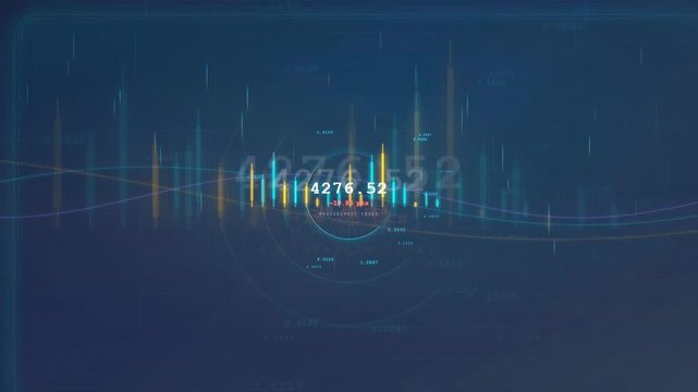 Abstract Digital Data Visualization with Glowing Financial Charts and Moving Numeric Information on Dark Blue Background