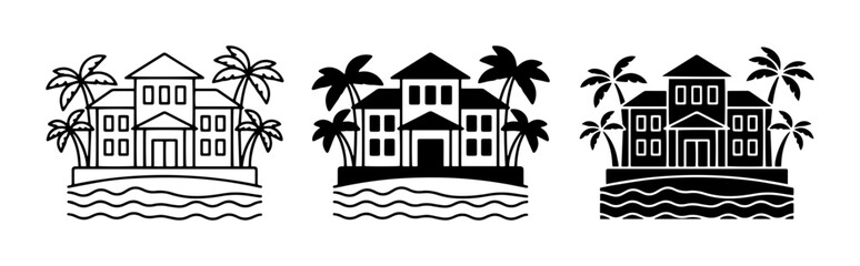 Obraz premium Tropical beach villa icons, luxury resort house with palm trees, coastal vacation home vector set