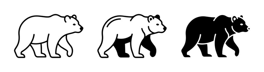 Obraz premium Minimalist bear icons set, grizzly bear line art silhouettes, wild animal vector illustrations
