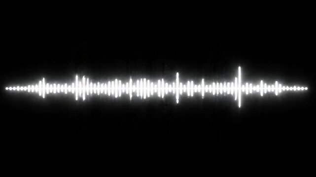 Abstract white sound wave graphic illustration pulses with energy, representing audio visualization, music, and digital sound stark black background, evoking auditory experience, energetic sound