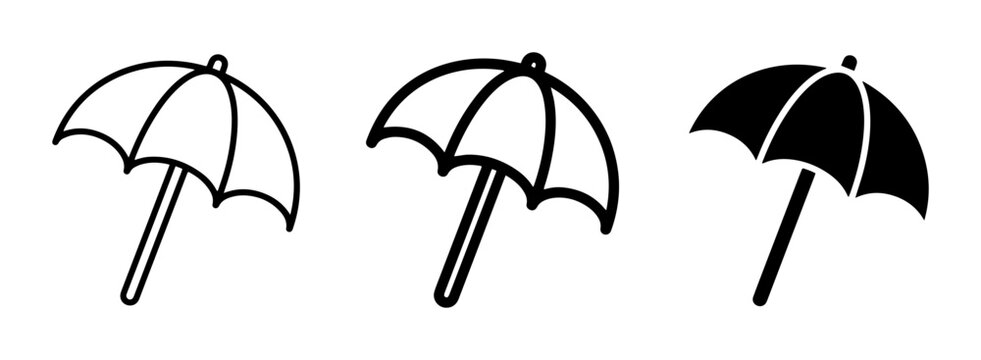 Minimalist beach umbrella icons, summer parasol vector set, black sunshade line art collection