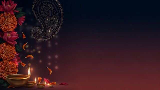 Beautiful diwali background featuring traditional oil lamps and marigold flower decorations for the indian festival of lights