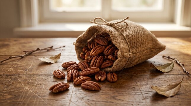 Pecans overflowing rustic pouch 