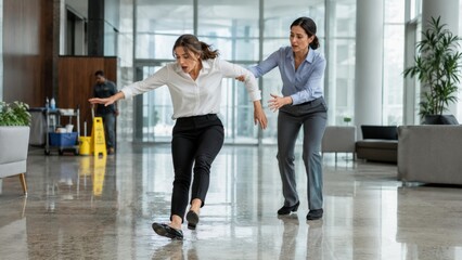 Fototapeta premium Workplace Accident: Employee Slips and Falls on a Wet Floor in an Office Lobby