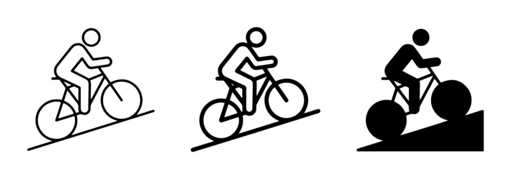 Cyclist riding uphill icon set, mountain bike climbing slope vector, cycling uphill pictogram collection