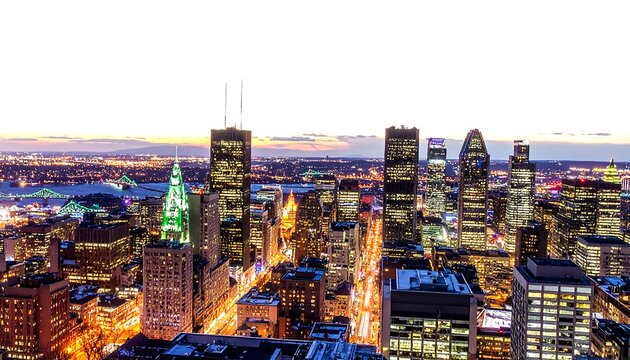 Aerial view of a city illuminated at dusk, featuring skyscrapers, streets with lights, and a distant water body