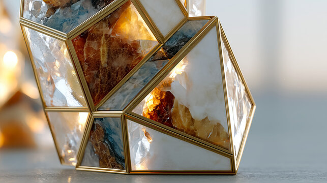 Abstract geometric luxury background with polished glass and gold wireframe