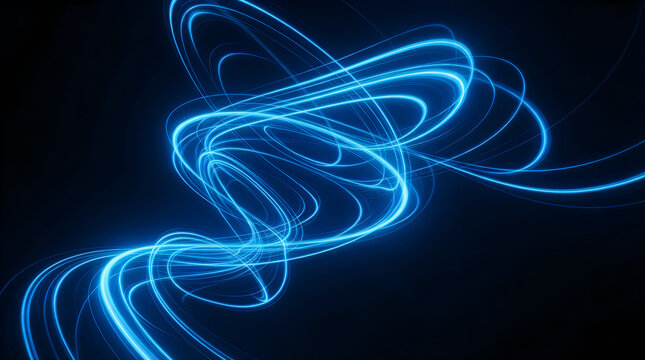 Bright blue electric energy lines swirling in dark space with glowing light effects