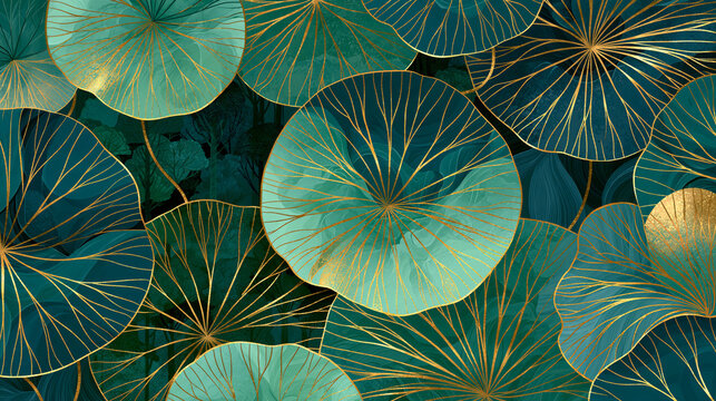 金色の葉脈を持つ美しい蓮の葉の模様 Botanical pattern with golden veins on green leaves