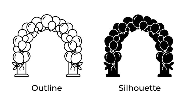 Balloon Arch Icon Set: A versatile collection featuring a balloon arch in both outline and silhouette styles, perfect for event decoration, party invitations, or graphic design elements.