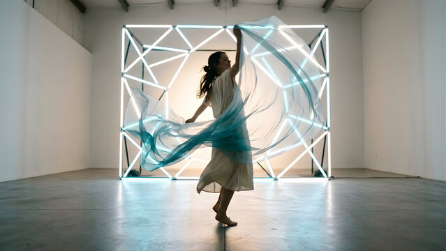 Woman dancing with a silk scarf in front of a geometric LED light frame