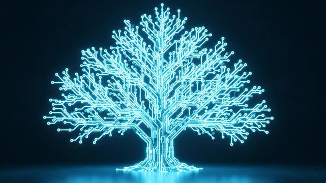 Digital Growth Connection Abstract Glowing Tree of Light Circuits Evoking Technological Advancement and Innovation. Abstract Blue Particles Erupting, Symbolizing Energy, Wonder,