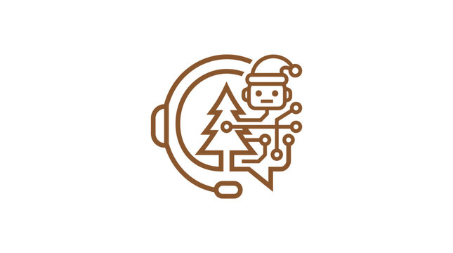 A minimalist brown icon of a festive robot with a tree