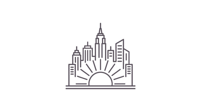 A minimalist line art illustration of a modern city skyline sunrise