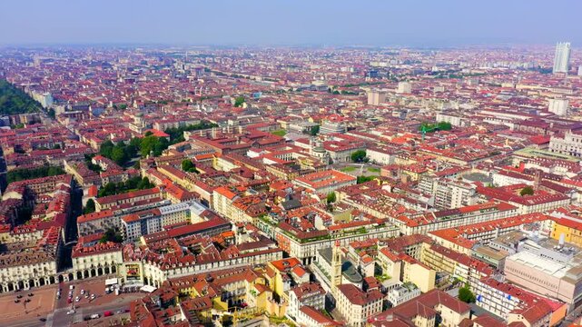 Turin, Italy. Flight over the city. Historical center, top view. Drone footage