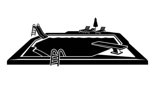 Swimming pool silhouette with slide lounge chairs and diving board