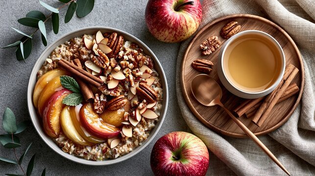 A top view flat lay of a healthy oatmeal porridge bowl topped with sliced apples, pecans, almonds, cinnamon sticks, and honey served with tea and fresh red apples on a gray table.