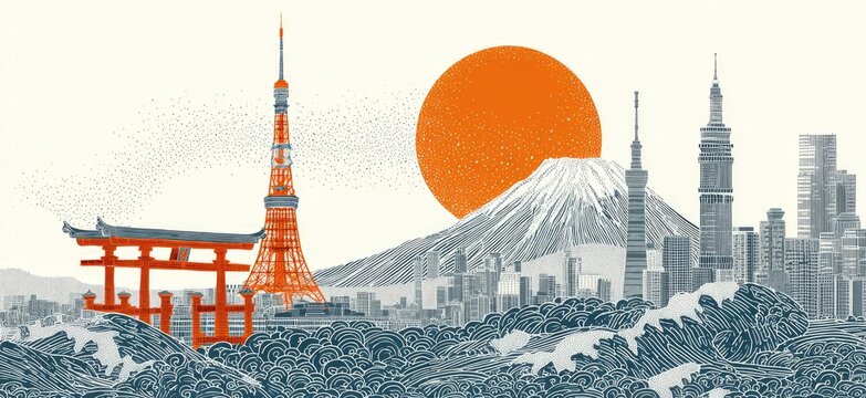 Iconic Japan Landmarks with Mount Fuji Sun and Waves