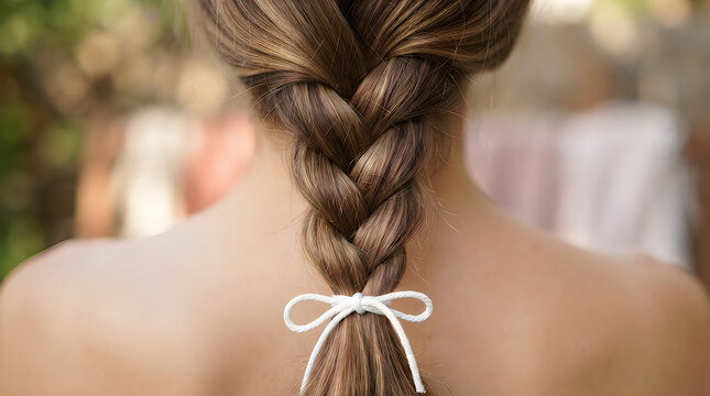 Braided hair with white ribbon bow on back of woman's head