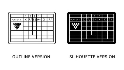 Billiard Scorecard Duo: A set of billiard scorecard templates, featuring both an outline and silhouette version, meticulously displays player scores and game progress. © asad