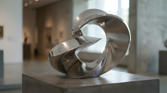 Shiny metal abstract sculpture of bird perched on curved ring indoors