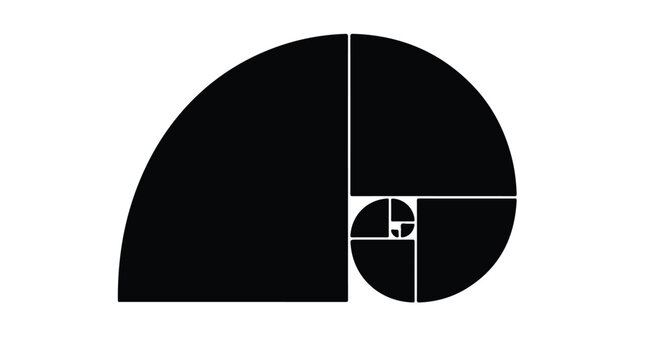 Fibonacci golden ratio spiral. Geometric mathematical sequence design on white background.