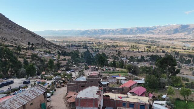 4K Aerial Drone: Destroyed adobe house after an earthquake in Pumpunya, Chongos Alto, Huancayo. Structural collapse in rural Andes, Peru.